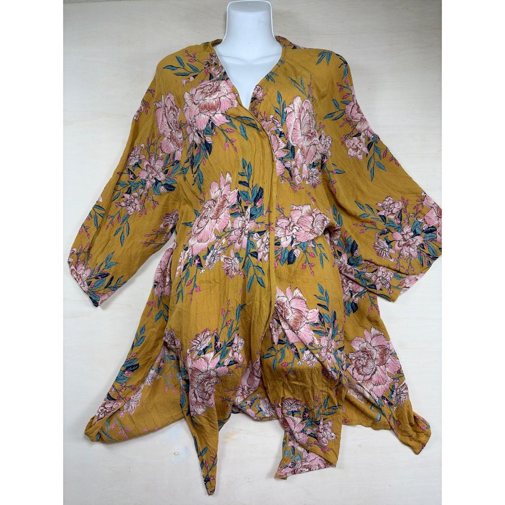 Billabong Floral Kimono Wrap cardigain Mustard Yellow Pink Boho M/L